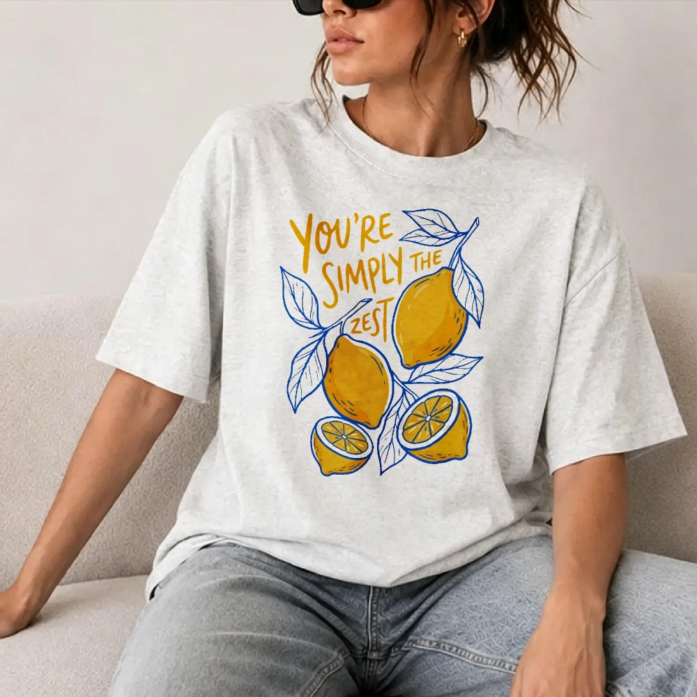Women You're Simply The Zest Lemon Sketch Print T Shirt Hand Drawn Fruit Letter Graphic  Cotton Cute Casual Ladies Summer Tops