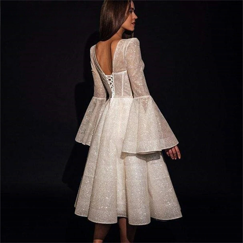 Customized Sparkle Glitter A Line Bridal Gown Sweetheart Bustier Flare Sleeve Lace Up Back Short Wedding Reception Dress