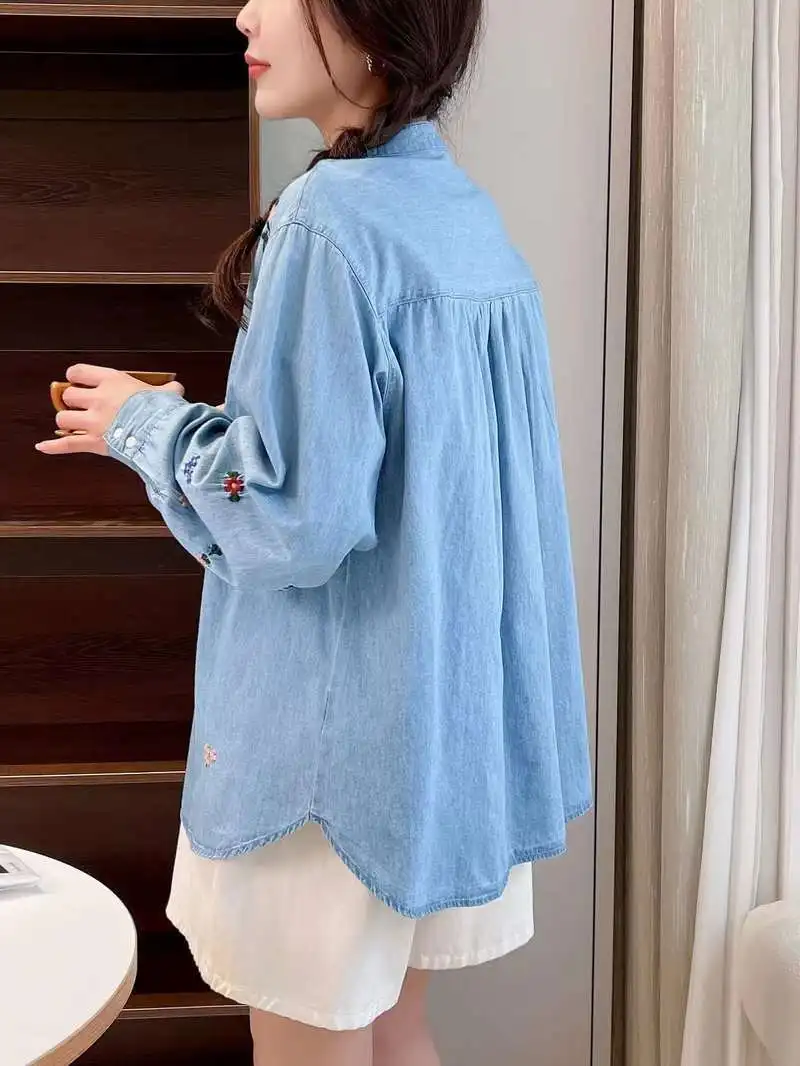 Mori kei fashion stand collar long sleeve denim shirts & blouses fall clothes 2024 women tops flowers embroider jean blouses