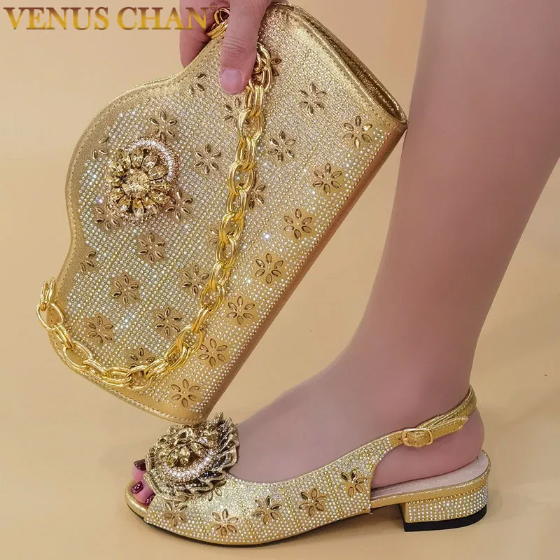 Venus Chan Sandals Woman Summer 2022 Gold Color Rhinestone Low Heel High Quality Party Wedding Shoes and Bag Set