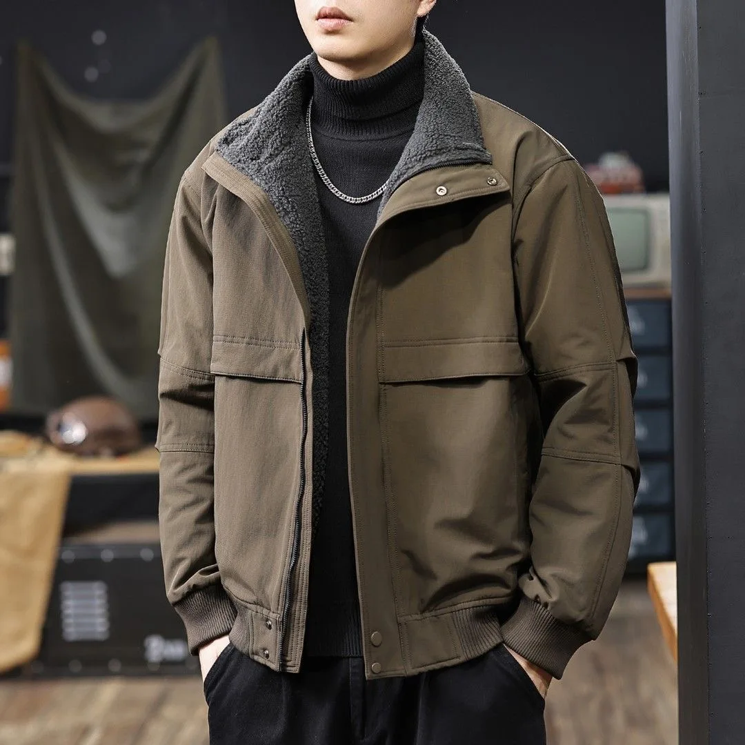 Winter Fashionable Solid Color Thick Warm Cotton Coat with Velvet for Men's Casual Loose Retro Sports High end Large Size Coat