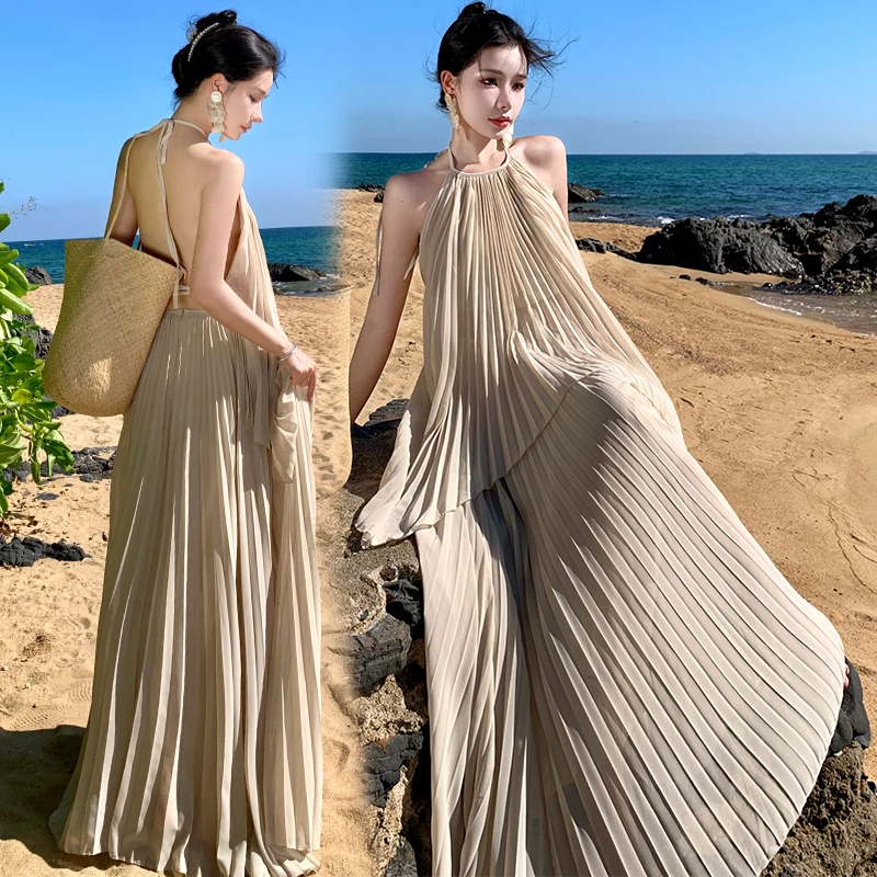 Summer Female Beach Dress Backless Lady Holiday Clothes Solid Color Long Loose Halter Collar Maxi Skirt Chiffon Pleated Twinset