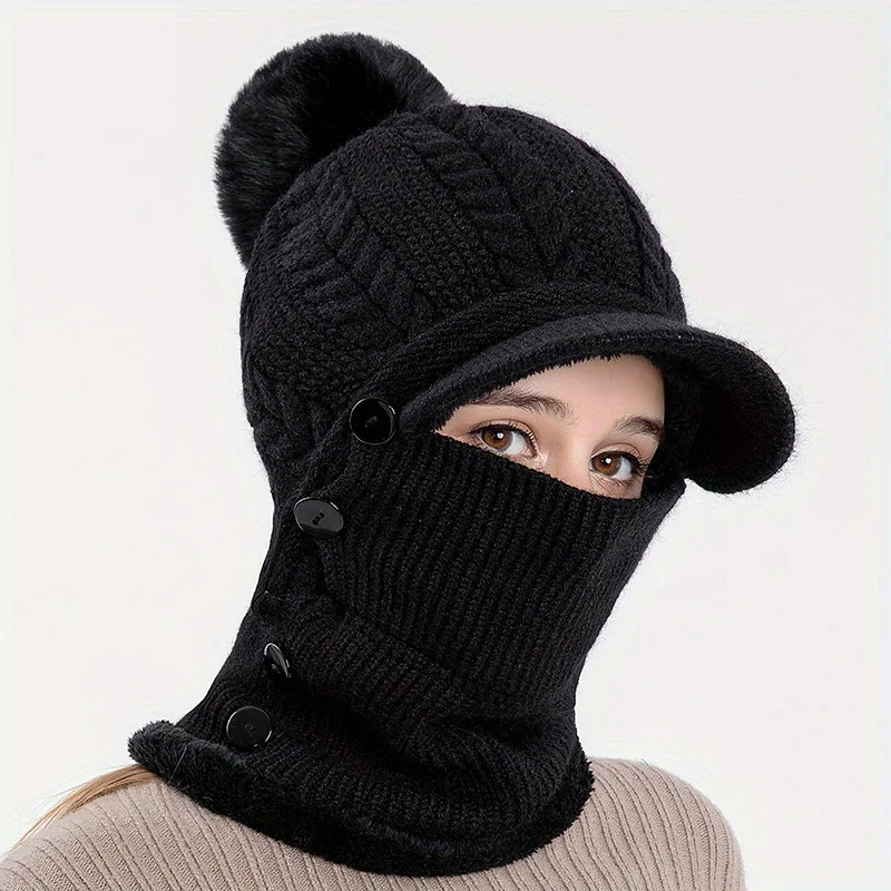 

Women Knit Hat With Ear Flaps Neck Warmer Integrated Design European Style Winter Warm Cap For Outdoor Daily Casual