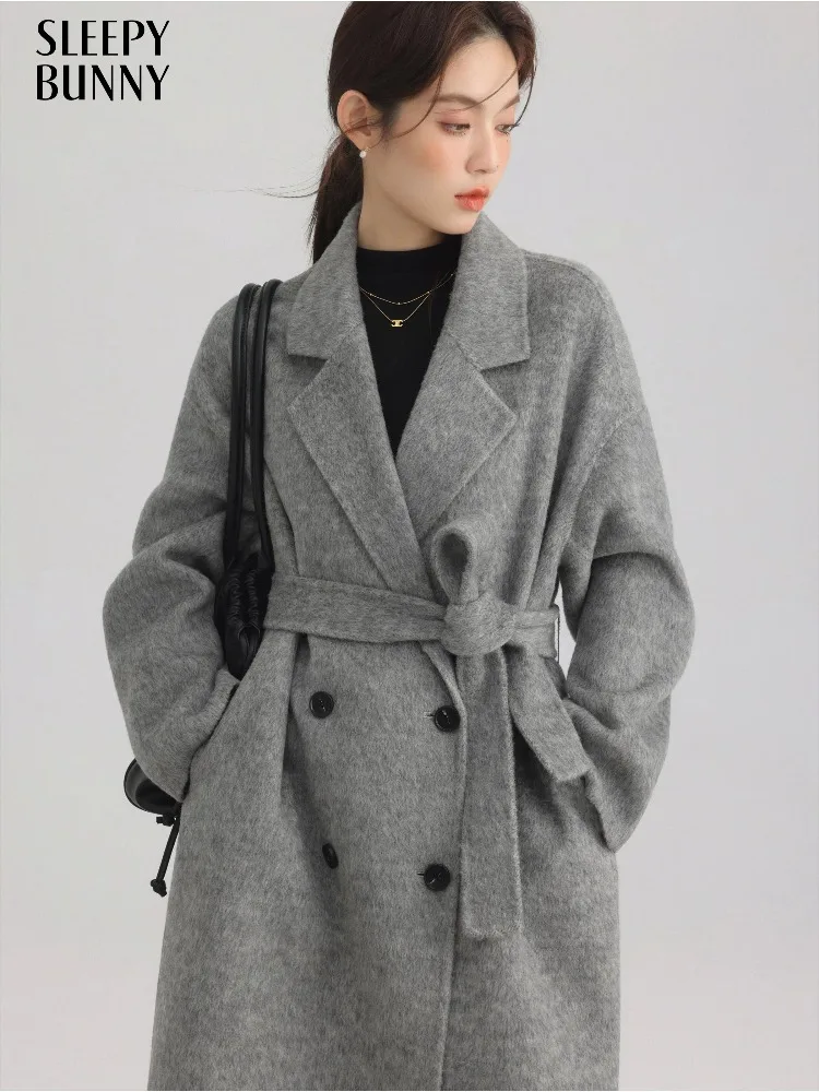 

Vintage Wool-like Long Coat Women Lapel Double-Breasted Overcoat Winter Loose Fit Casual Belted Outerwear Timeless Chic Style