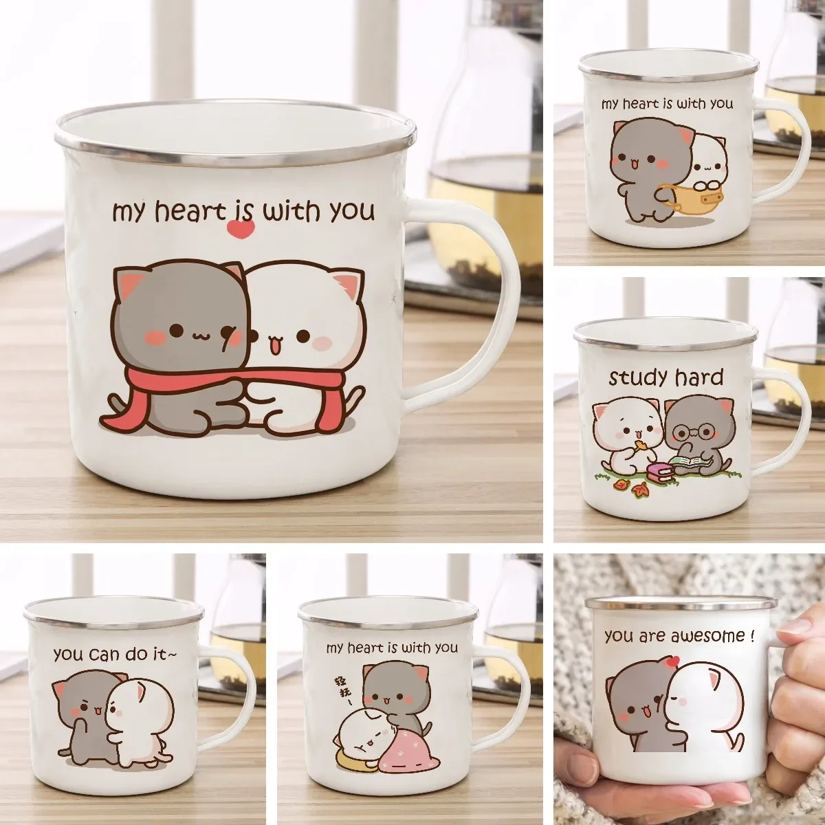 

New Peach and Goma cat Enamel cup Coffee tea Mug cute animal Breakfast Dessert milk water cup couple gift