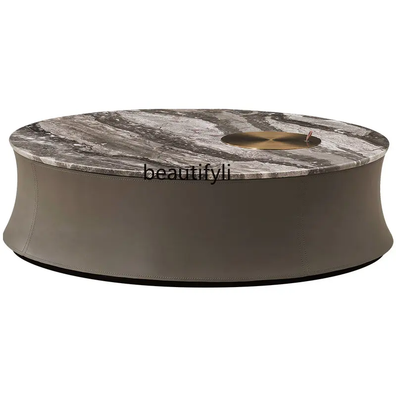 Italian Light Luxury round Luxury Stone Endtable  Simple Home Large and Small Apartment Type High-End Saddle Leather Tea Table