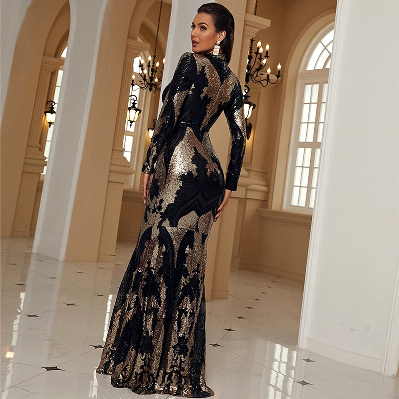 Women Elegant 2024 luxury Long Sleeve O Neck Black Gold Sequined Cocktail Prom Formal Occasion Evening Party Long Maxi Dresses