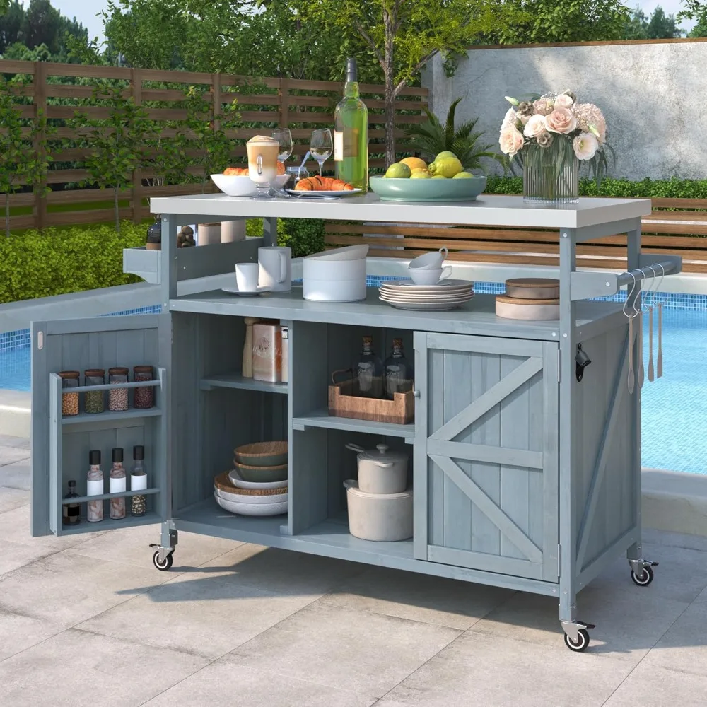 

50.25" Outdoor Kitchen Island with Rolling Bar Cart & Storage Cabinet, Farmhouse Solid Wood Grill Table Outdoor Kitchen Island