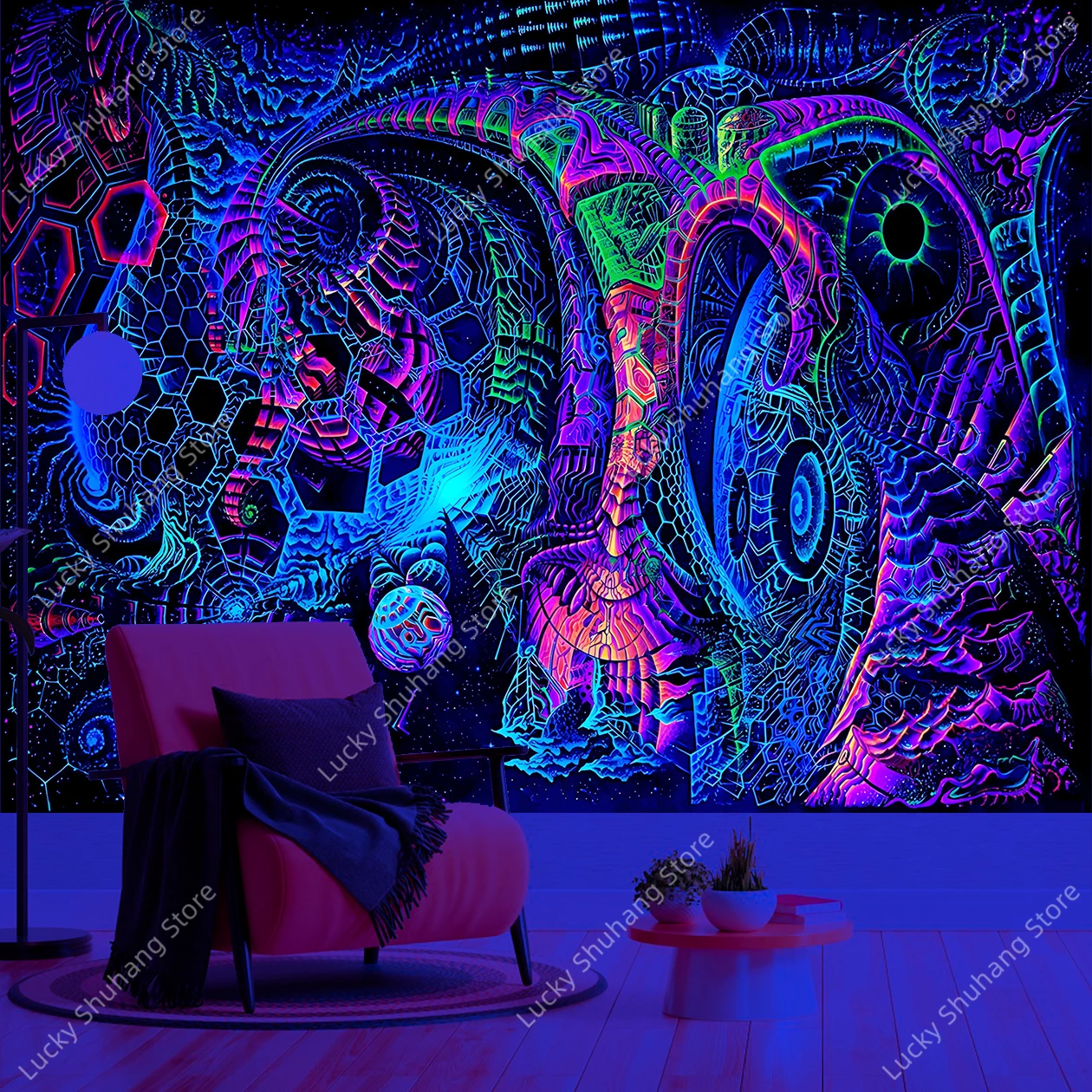 Vibrant Psychedelic UV Tapestry with Glowing Geometric Patterns Mystical Wall Art for Bedroom Living Room Meditation Space Decor