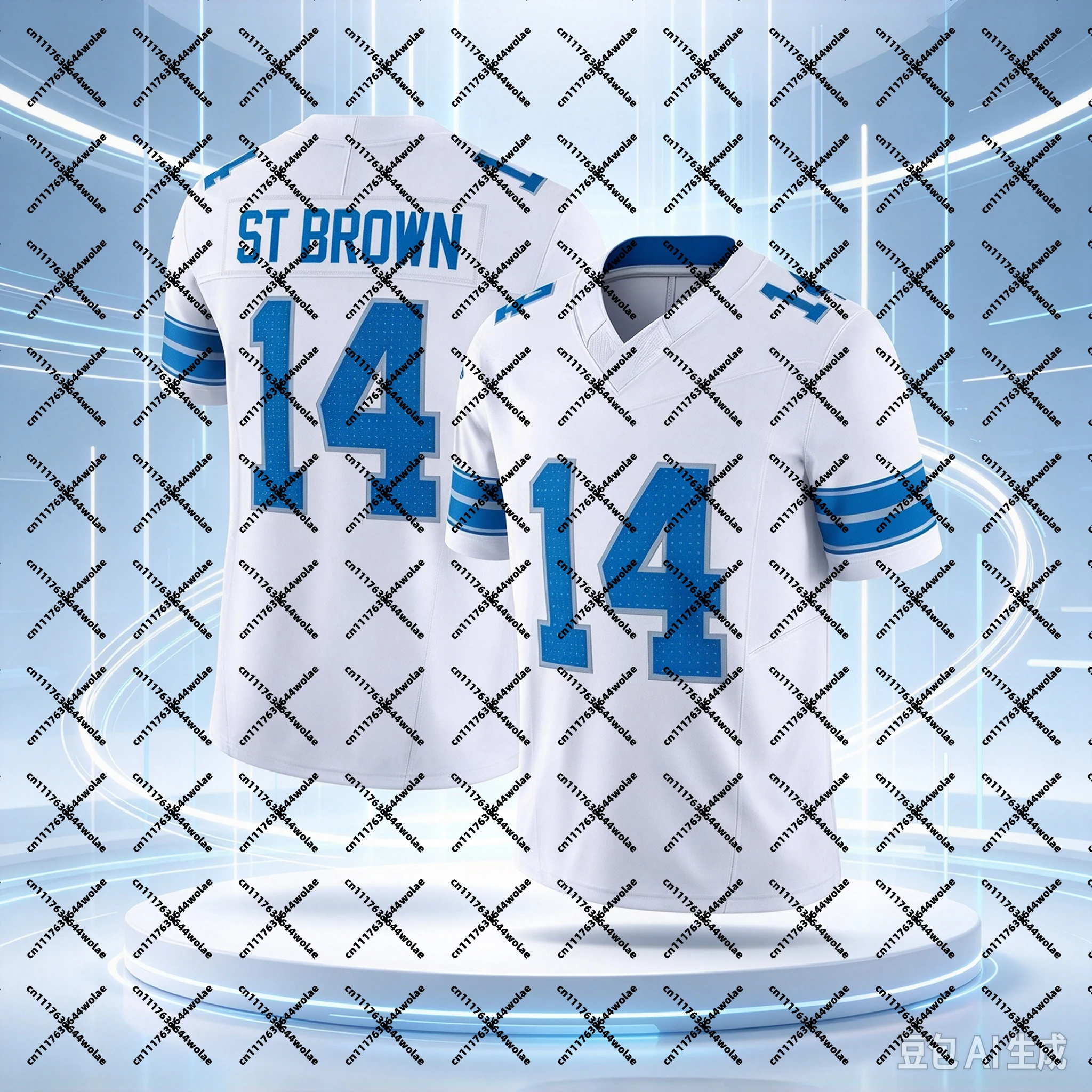 Men's #14 Amon‑Ra St Brown Blue Short Sleeve American Football Top Rugby Sport Uniform for Sports Fans Family Matching