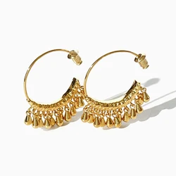 Peri'sbox Gold Silver Plated Boho Gypsy Beads Tassel Open Hoop Earrings Female Hammered Metal Dangling Earring 2023 New Hot