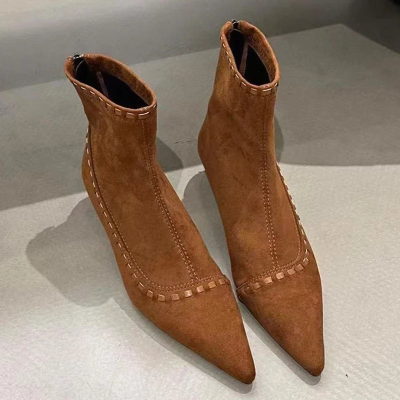 Botines De punta estrecha para Mujer, zapatos De tacón medio De lujo De gamuza, Botas De invierno para vestido De moda, Botas cortas De nuevo diseñador 2025