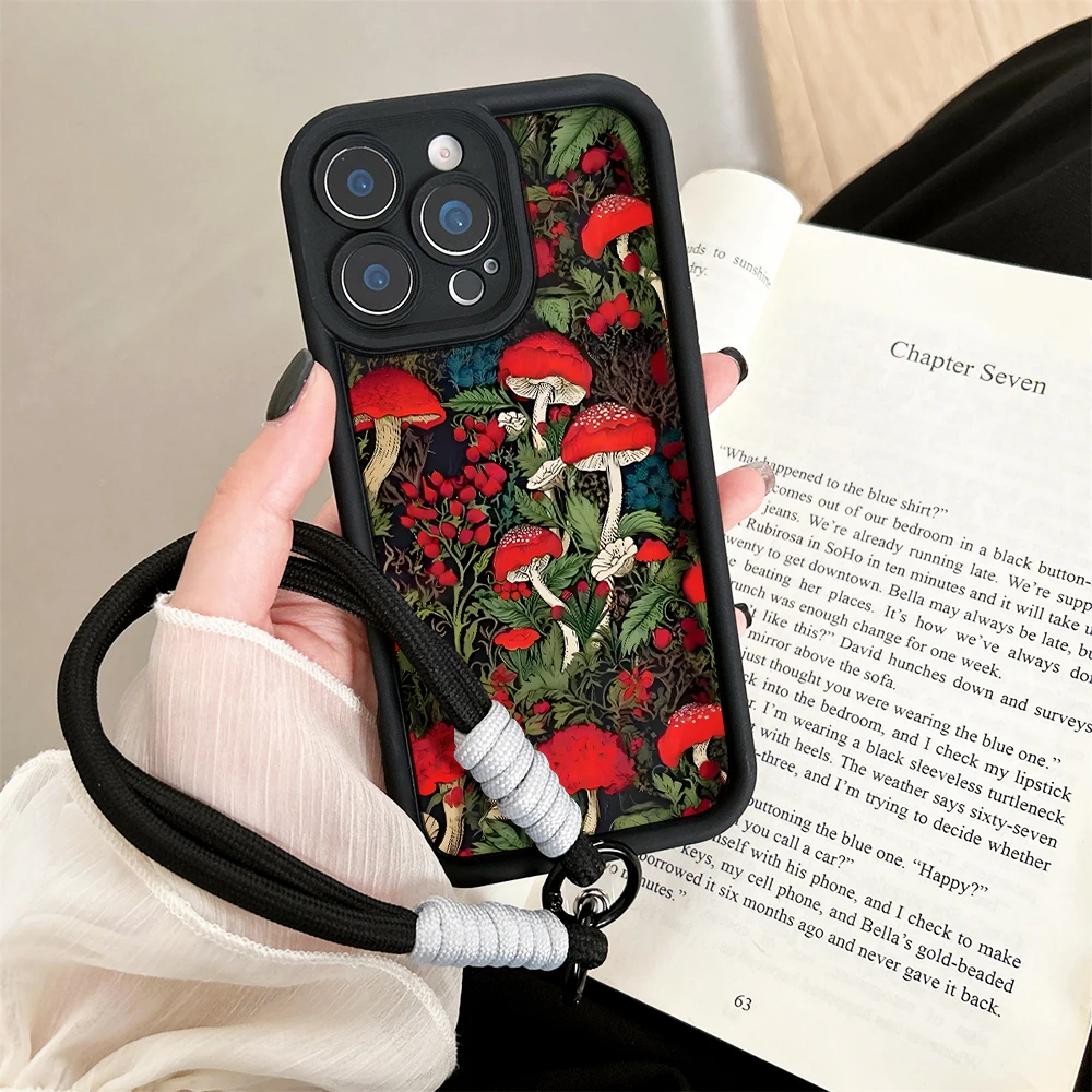 

Vintage Flower Mushroom Hand Wrist Lanyard Strap Phone Case For iPhone 16 17 Pro Max 11 12 13 14 15 Plus 16E XS 7 XR Soft Cover
