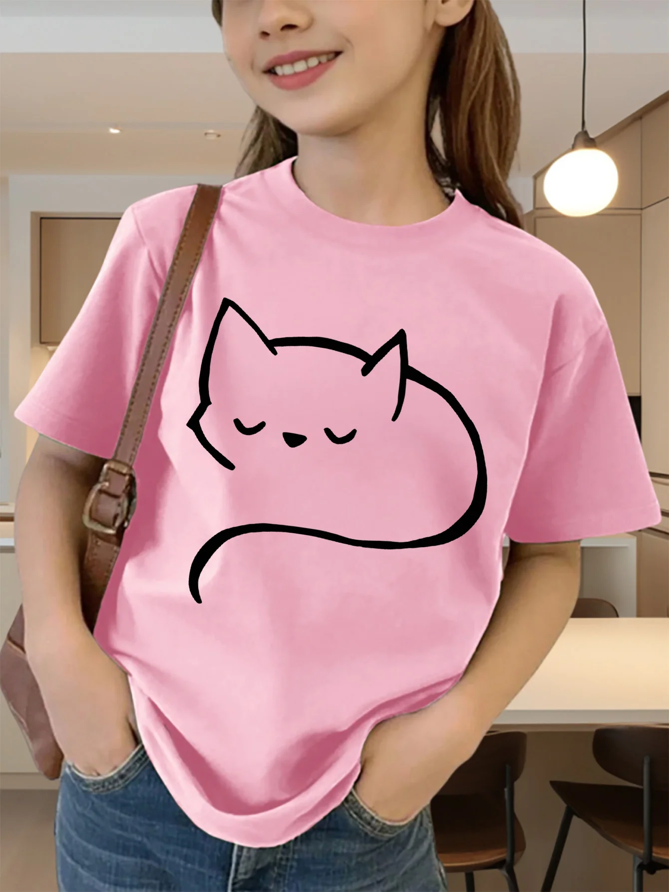 Cute Sleeping Cat Line Art Print Graphic Kids Tee Boys Girls Family Matching Cotton Crew Neck Short Sleeve Soft Summer Tee