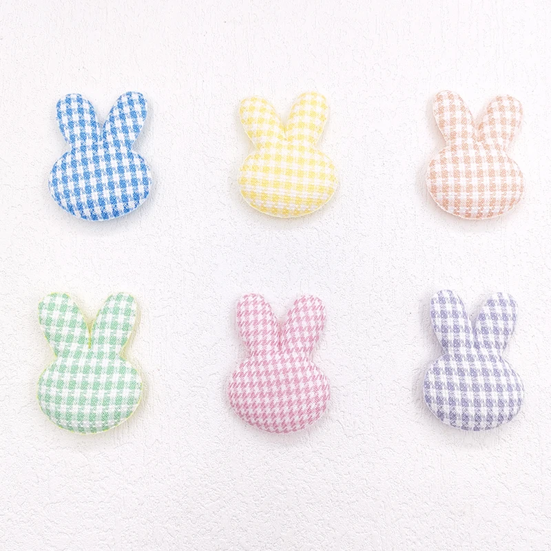 60Pcs/Lot 3.5*4.5CM Lattice Fabric Rabbit Padded Appliques For DIY Handmade Children Headwear Garment Accessories Patches