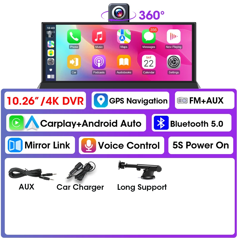 Srnubi 10.26 "4K Draaien Dash Cam Auto DVR, Universele Draagbare Carplay voor Auto Scherm, draadloze Carplay Android Auto Bluetooth Radio