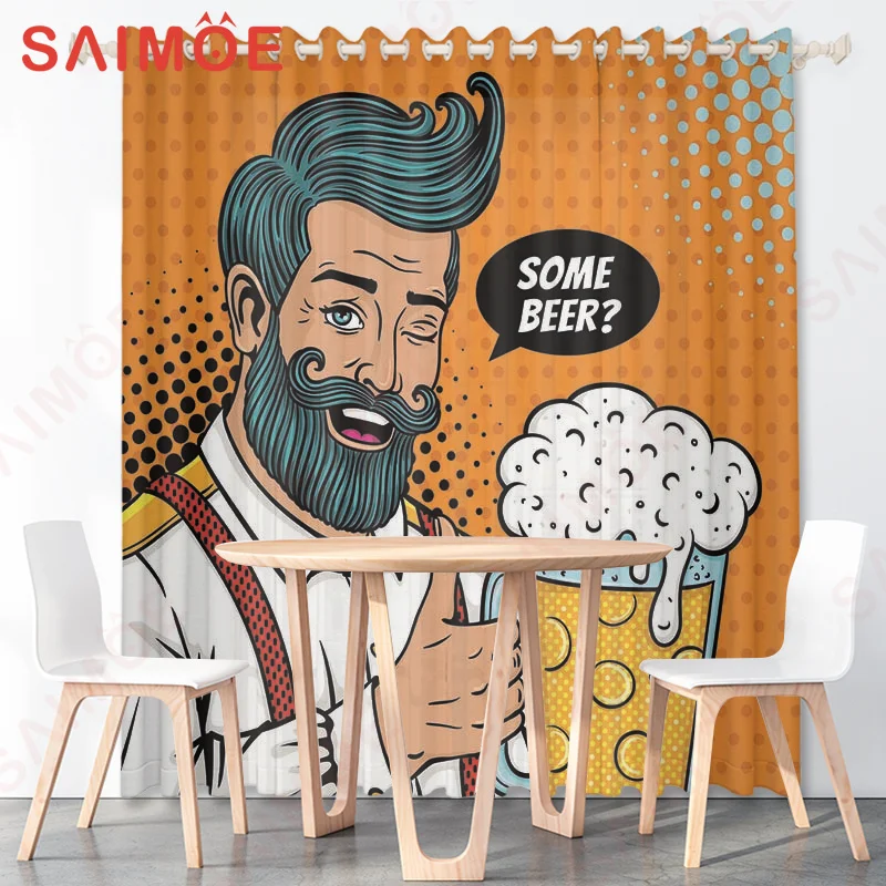 American Classic Wheat Beer Festival Curtains Custom Wooden Barrels Wine Bottle Thin Polyester Fabric Bar Decorations with Hooks