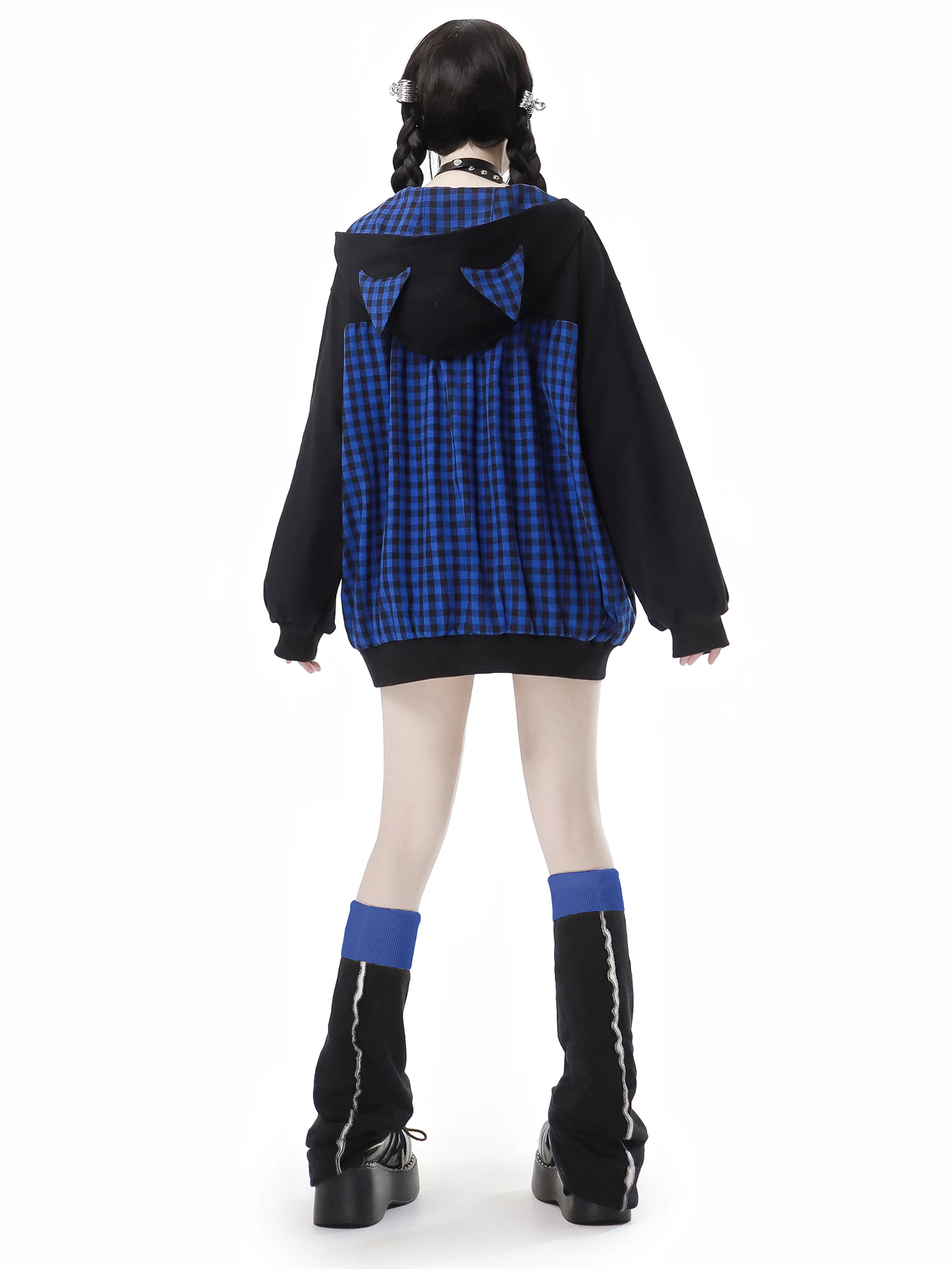 New Autumn Blue Grid Splicing Cat Ear Strap Hoodie Set Sweet Cool Girl Women\'s Sweatshirt Short Top and Skirt Shorts Outfits