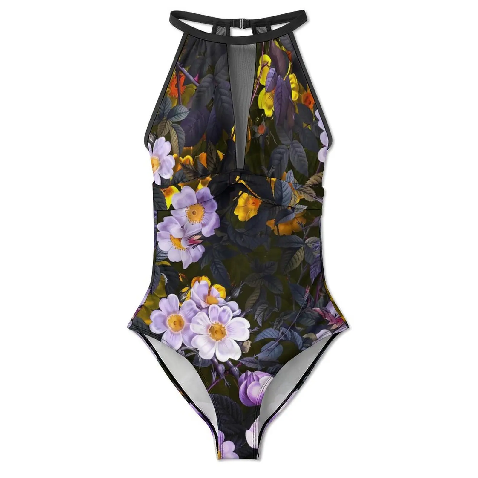 Bañador Floral púrpura para mujer, traje de baño de una pieza con diseño de bosque de medianoche, traje de baño Sexy con realce, ropa de playa