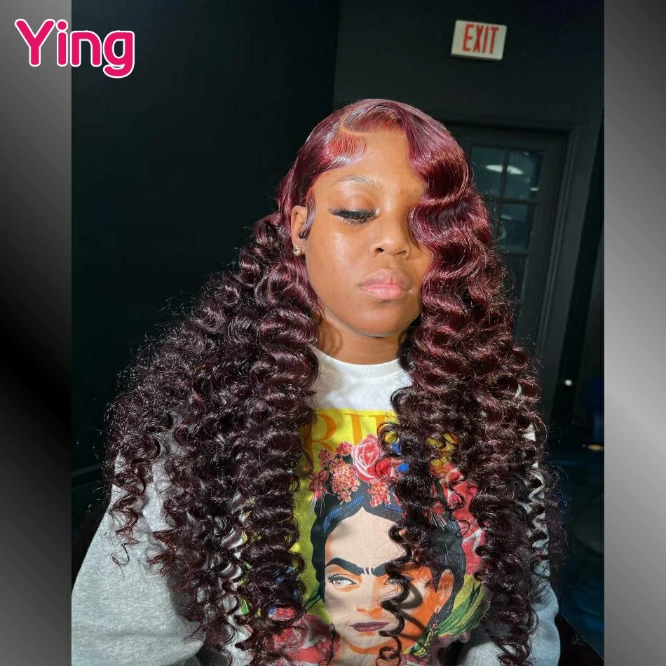 

Dark Burgundy Colored 12A Loose Deep Human Hair 13x6 Transparent Lace Front Wig 200% PrePlucked Curly Wave 5x5 Lace Closure Wigs