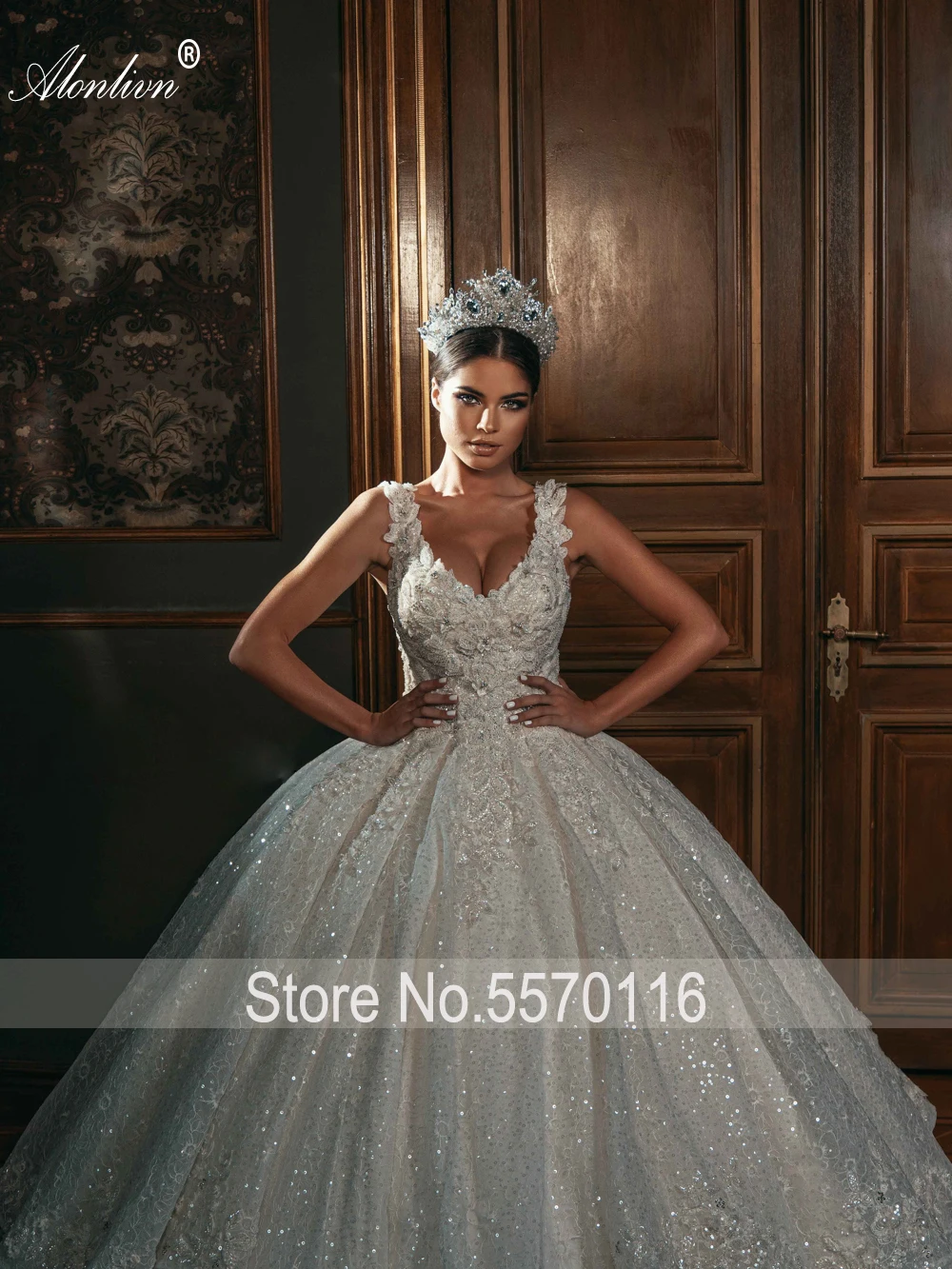 Alonlivn-Robe de mariée en dentelle scintillante avec appliques de perles, col en V, robe en fibre, attrayant