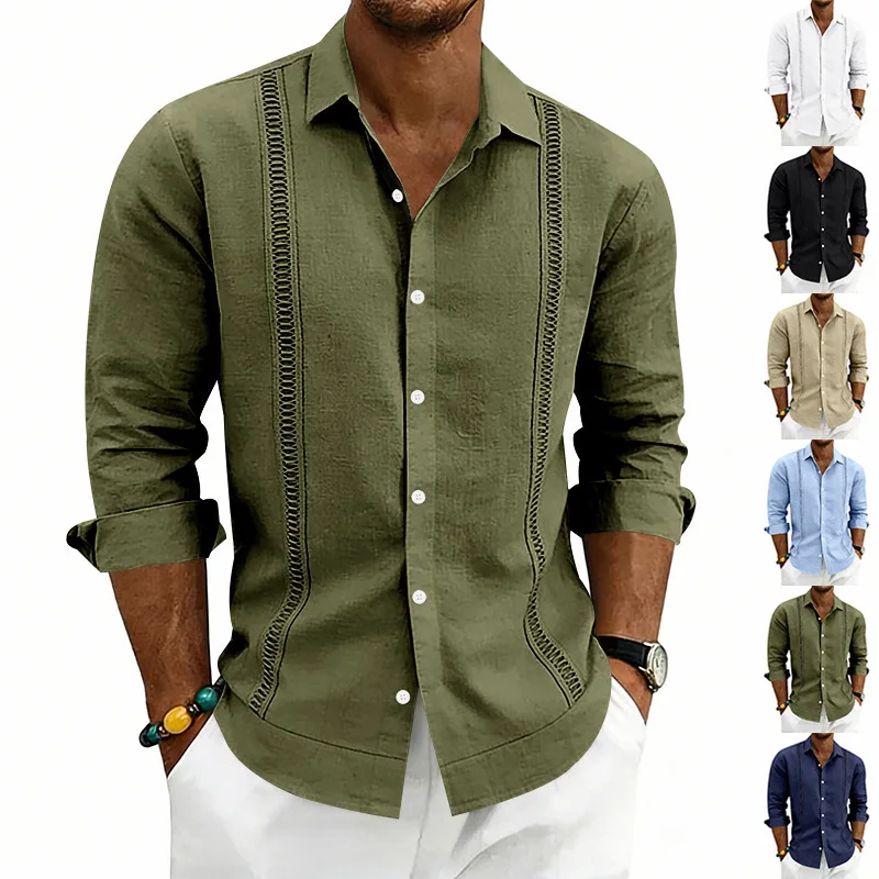Men's Linen Shirt Army Green Button Down Long Sleeve Embroidered Casual Beach Vacation Top Summer New