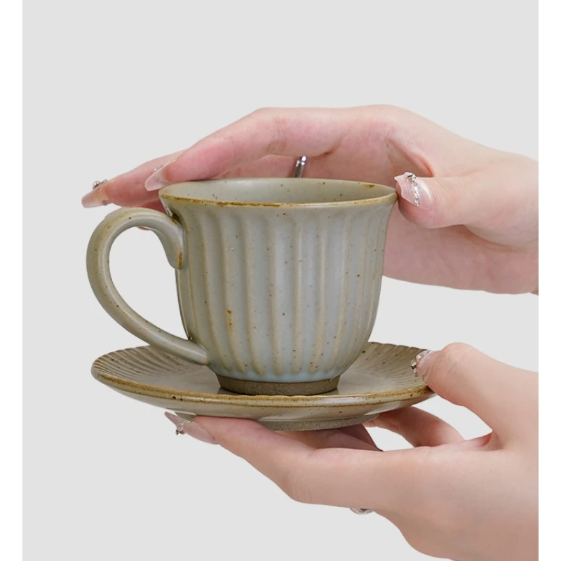 

A Set of Cups and Plates Coffee Cup Retro Style Ceramic Striped Office Afternoon Tea Coarse Pottery Drinking Water Milk Cup