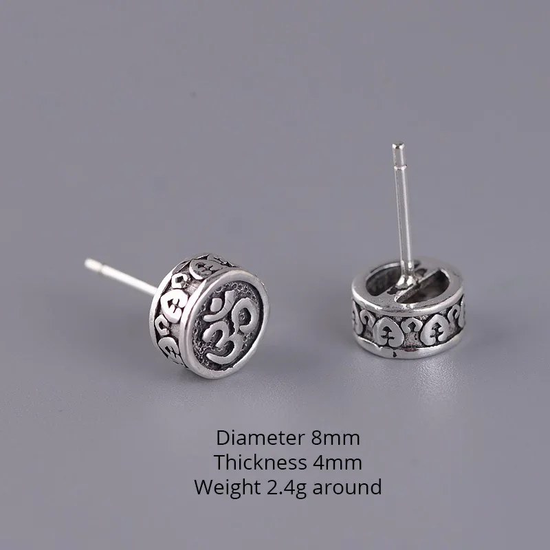 Real 925 Sterling Silver OM Mantra Stud Earrings For Women and Men Retro Antique Style Six-Word Sutra Buddhism Jewelry