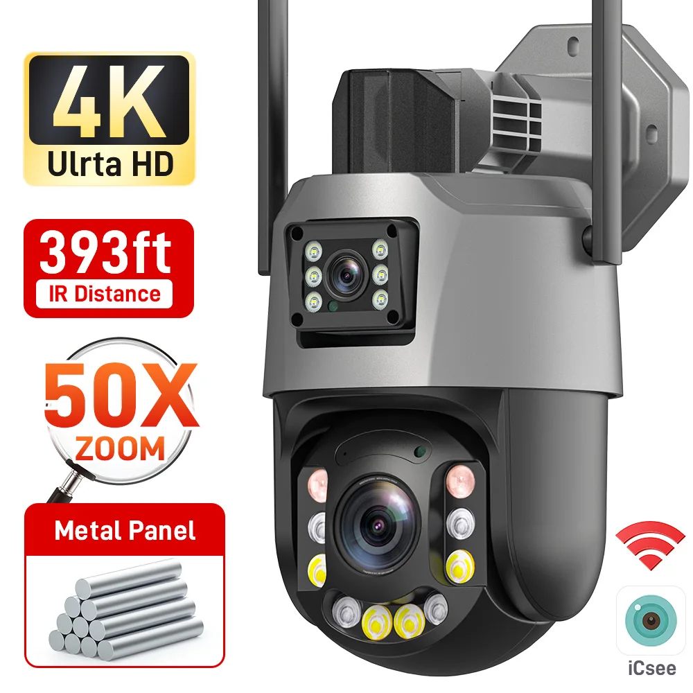 

4K 8MP WiFi /4G 50X Zoom Surveillance Camera Outdoor Daul Lens Protection Motion Detection PTZ IP ONVIF Security Camera iCSee