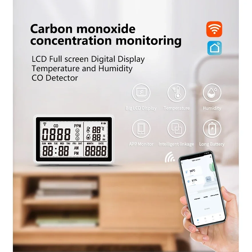 Multifunzionale Wifi Smart Tuya CO termometro misuratore di umidità rilevatore di monossido di carbonio sensore intelligente per uso domestico