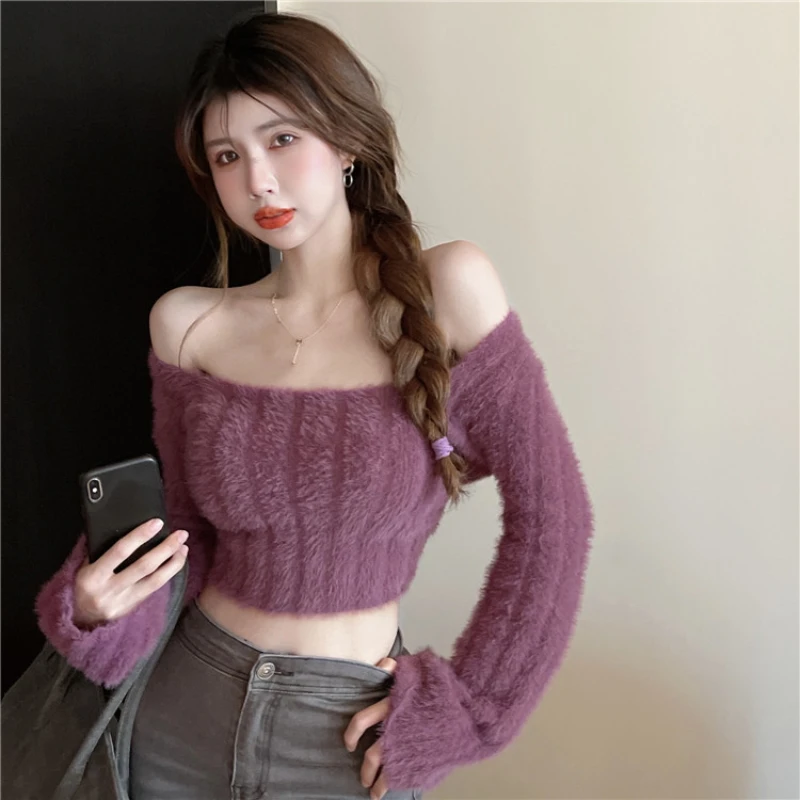 Fluffy Sweaters Women Square Collar Slim Hotsweet Aesthetic Simple Spring Autumn Ladies Stylish Leisure Popular Korean Style