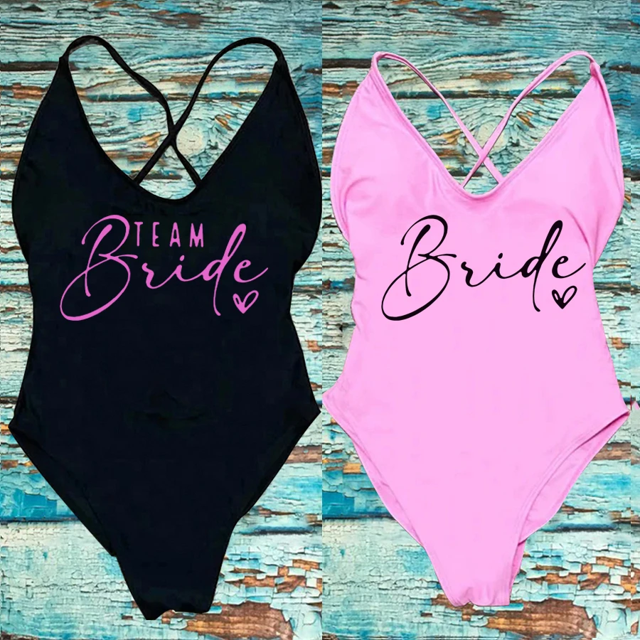 Team Bride ❤ Print Swimsuit Women Sexy Padded One Piece Bathing Suit Swimming Suit Bachelorette Party Swimwear Wedding Beachwear