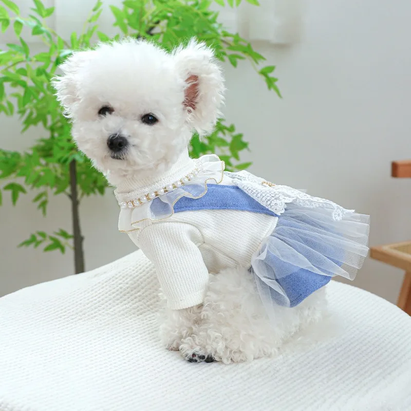 Jewellery Lace Skirt Dog Clothes Dress Bowknot Dogs Clothing Fashion Kawaii Warm Small Pet Costume Autumn Winter Ropa Para Perro