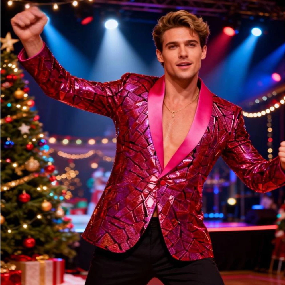 

Shiny Laser Imitation Lens Sequin Suit for Men Bar Nightclub Performance Wedding Party Banquet Dress Singer Host