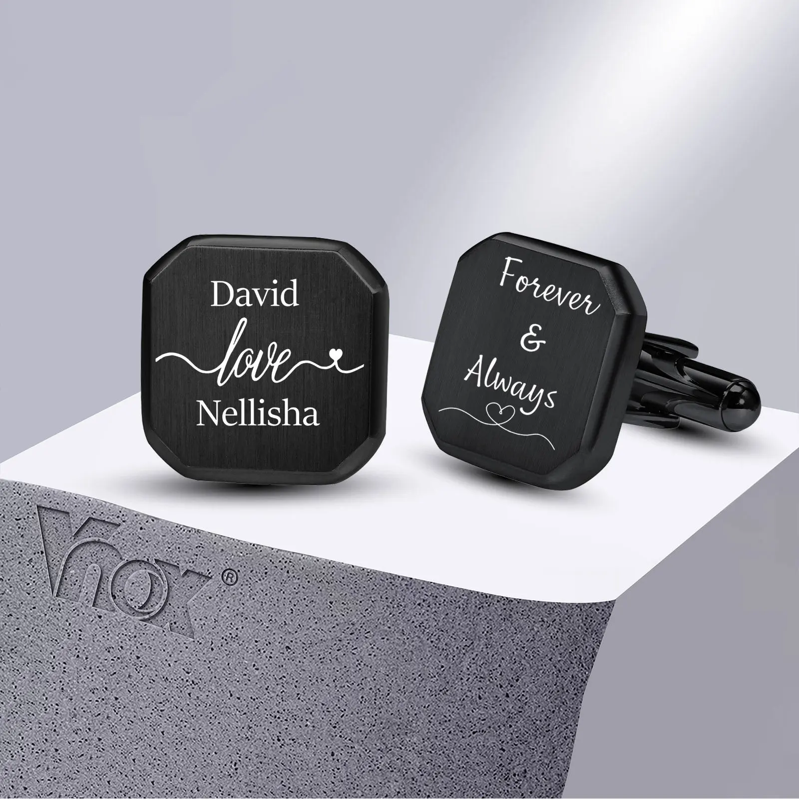 Vnox Free Personalized Cufflinks for Men,Black Stainless Steel Shirt Cuff Button Accessory, Custom Wedding Gifts for Groomsman