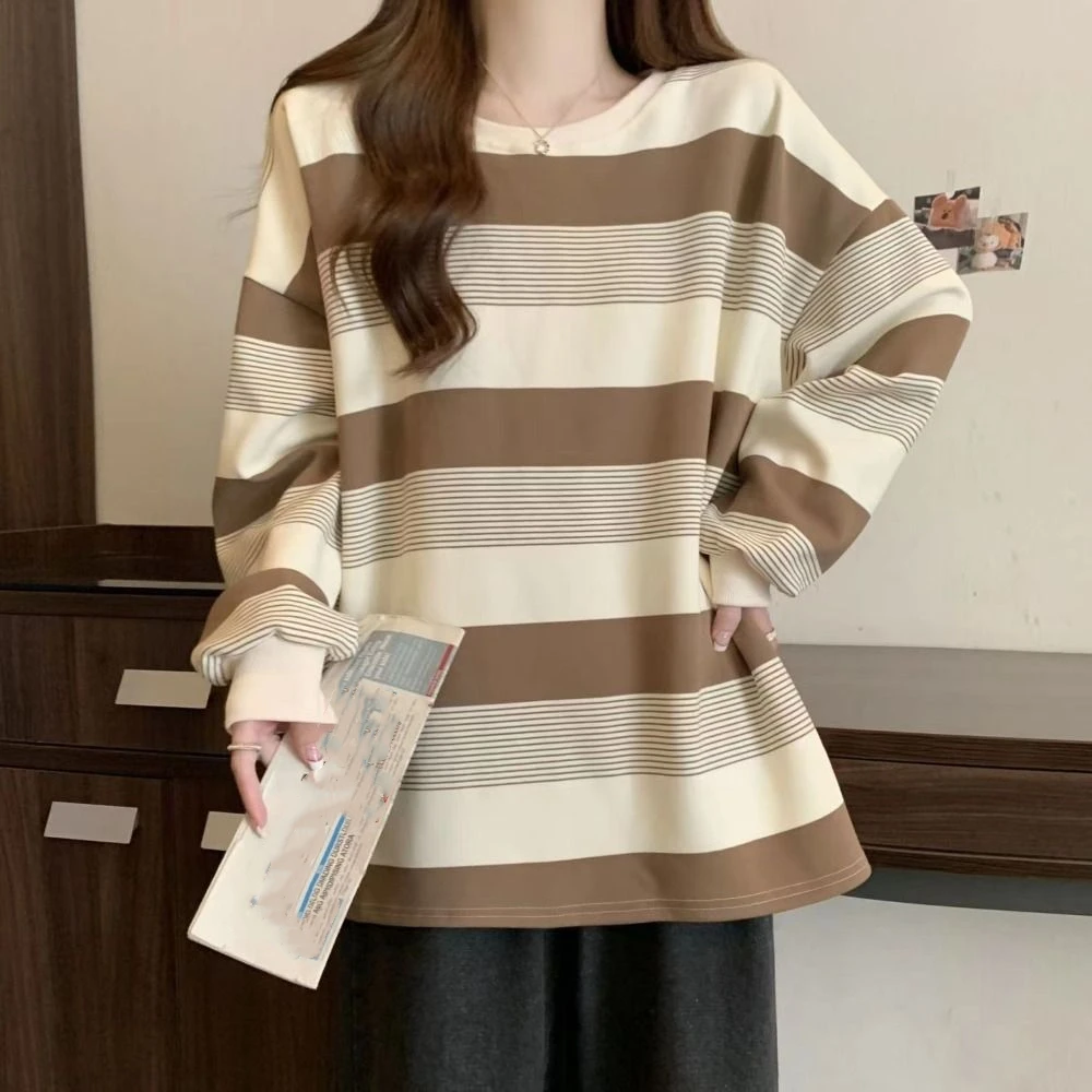 Fashion Retro Long Sleeve T Shirt Loose Plus Size Striped Blouse Stylish Chic Sweatshirts for Women Female