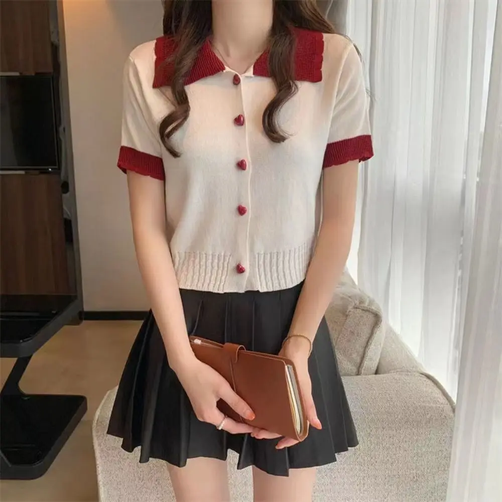 

Lapel Knit V-neck T-shirt Patchwork Korean Style Women's Slim Crop Tops Love button Female Summer Tops Short Sleeve Tops