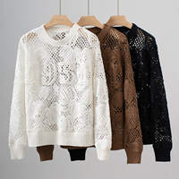 25 Spring and Summer New Cotton Hollow Round Neck Knitted Long Sleeve Loose Casual Tops for Women
