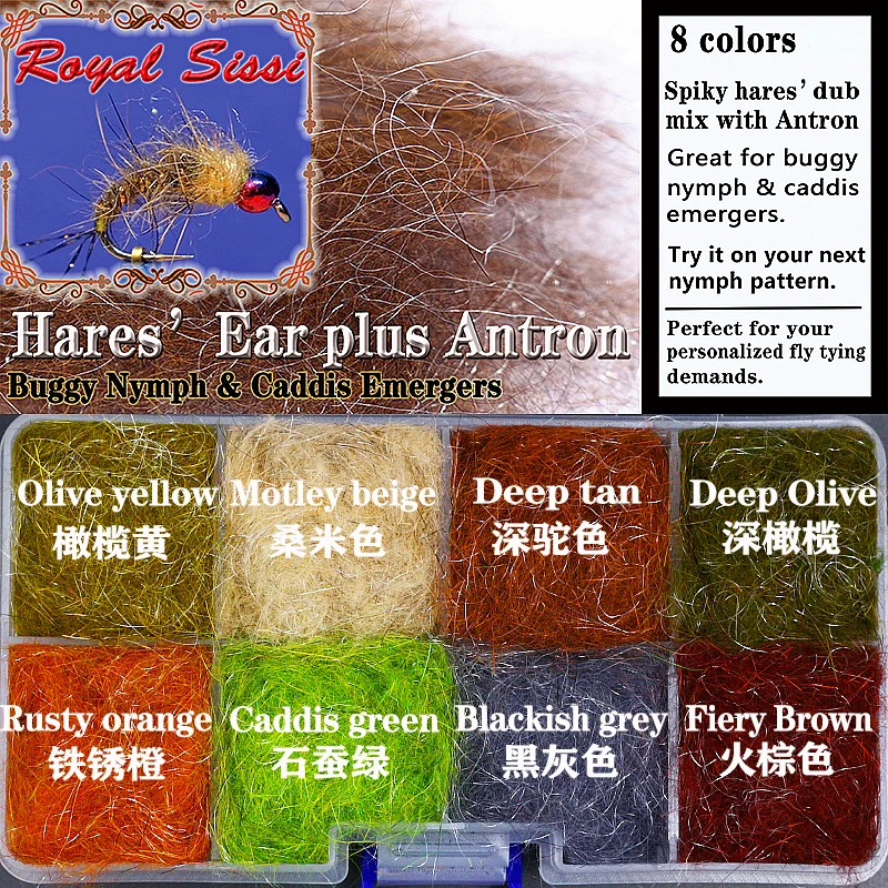 8 Colors Hare\'s Ear Plus Antron Dub with Rabbit Guard Hair Nymph Scud Dub Fly Tying Material for Buggy Nymphs and Caddis Emerger