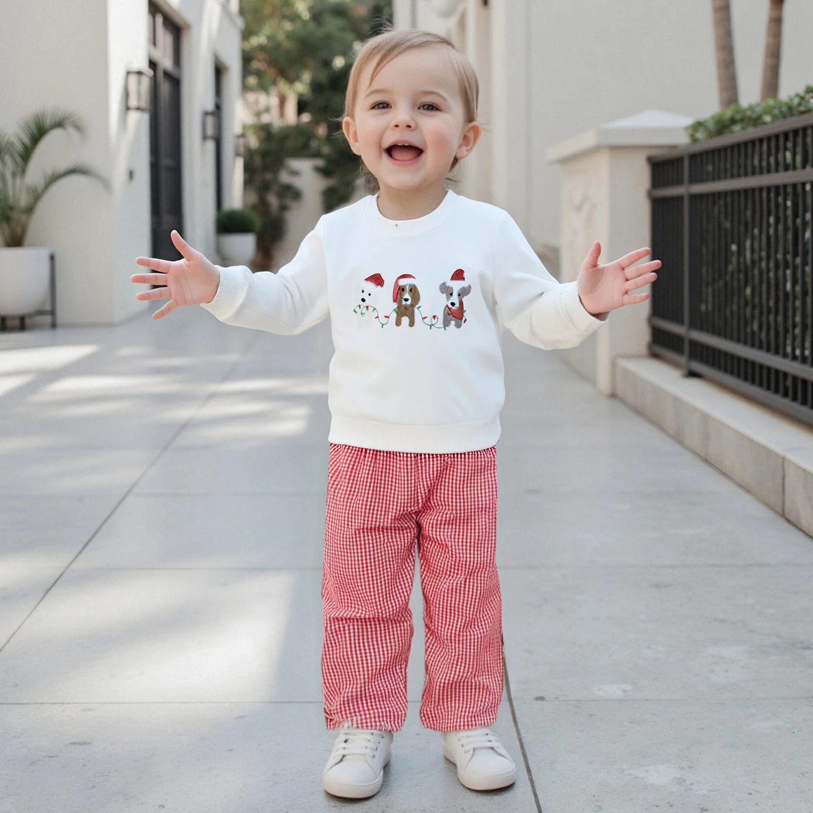 طفل صغير صبي عيد الميلاد الزي الكلب المطرزة طويلة الأكمام البلوز منقوشة مرونة الخصر السراويل 2 قطعة مجموعة
