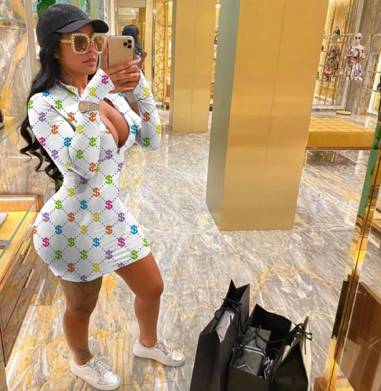 

Women's Spring/Summer Long Sleeve Dresses Casual Fashion Multicolor Printed Zip Collar Dresses Sexy Deep V-Neck Short Skirts