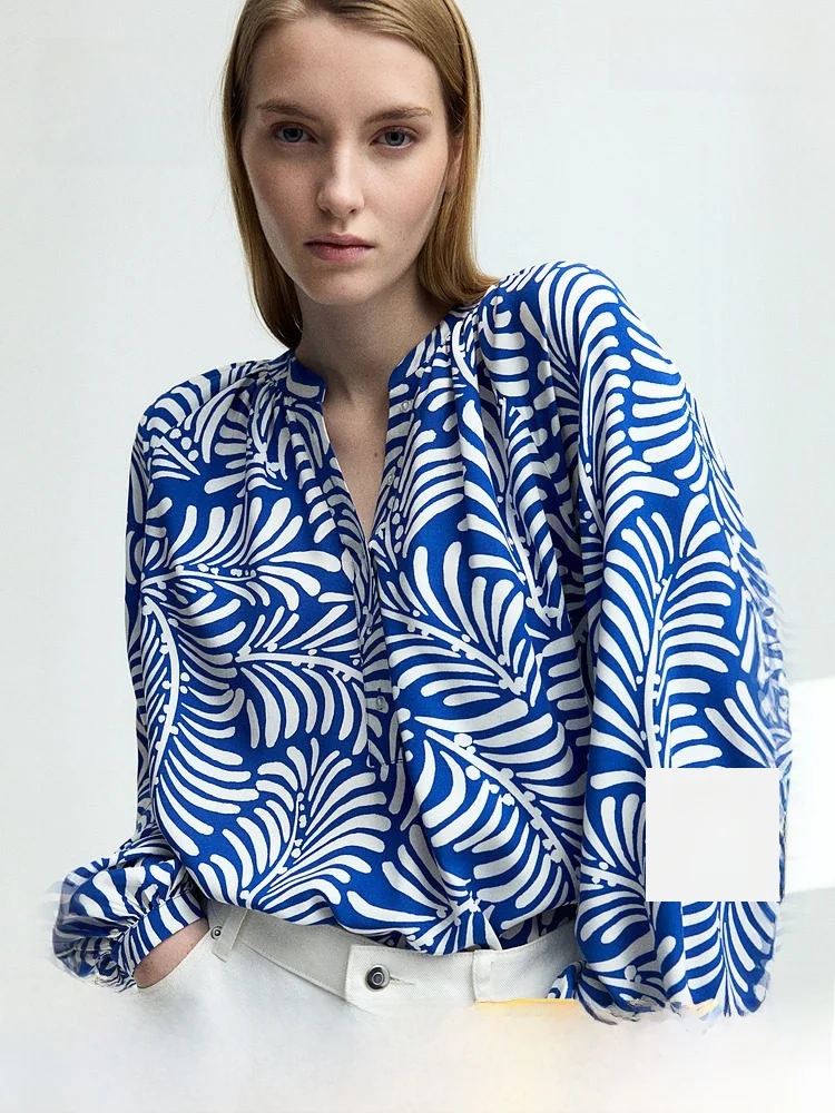 

H&M Women's irt Spring Floral Print Loose Lantern Sve Breathable Ele Top French Sle Straight Cut Long Sve