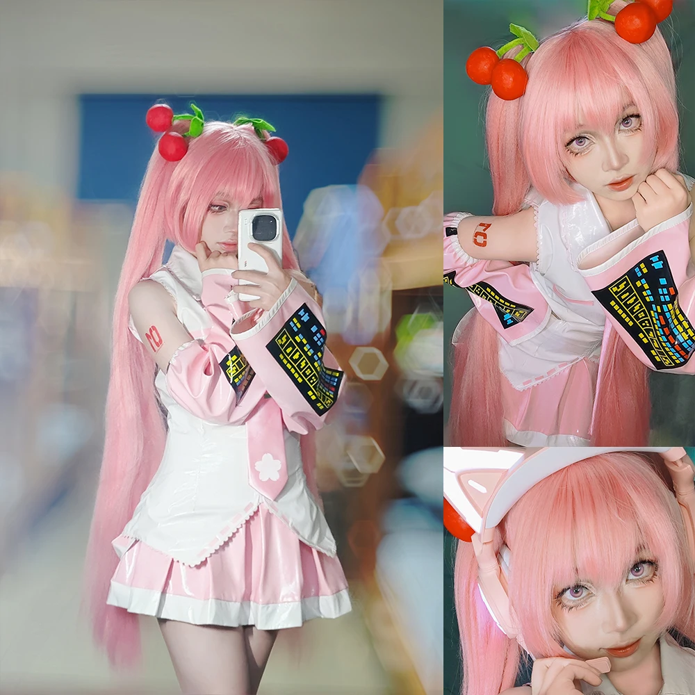 Anime Beginner Future Sakura Vocaloid Miku Pink Midi Dress Cosplay Costume Girl Skirt Wig Uniform Women Carnival Party Dress Up