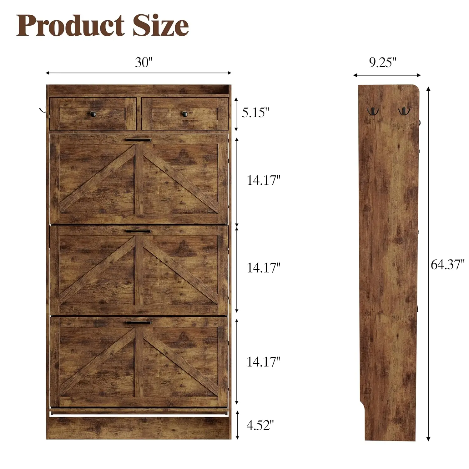 Shoe Cabinet With 3 Flip & 2 Storage Drawers, Slim Rustic Narrow Organizer For Entryway & Hallway, Wooden, Customized