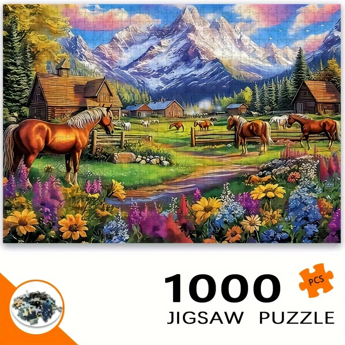 Puzzle a tema cavallo da 1000 pezzi con scena di cavallo, cabina rustica e paesaggio di montagna - Arte fai da te senza cornice adatta per adulti