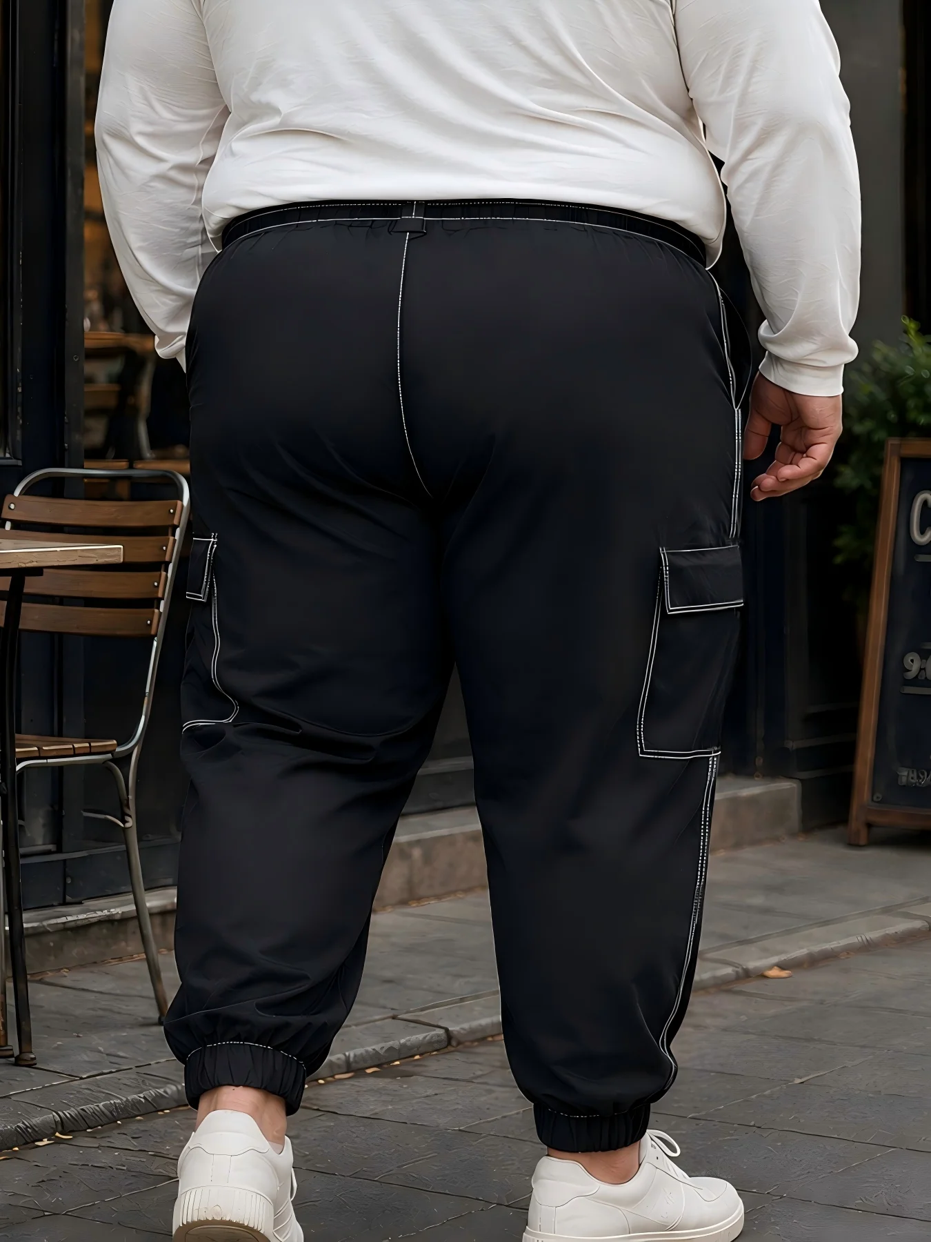 plus Size Men's Contrast Color Stitched Waist Cargo Pants Polyester Fabric Drawstring Elastic Waist Large Pocket Design for Holi
