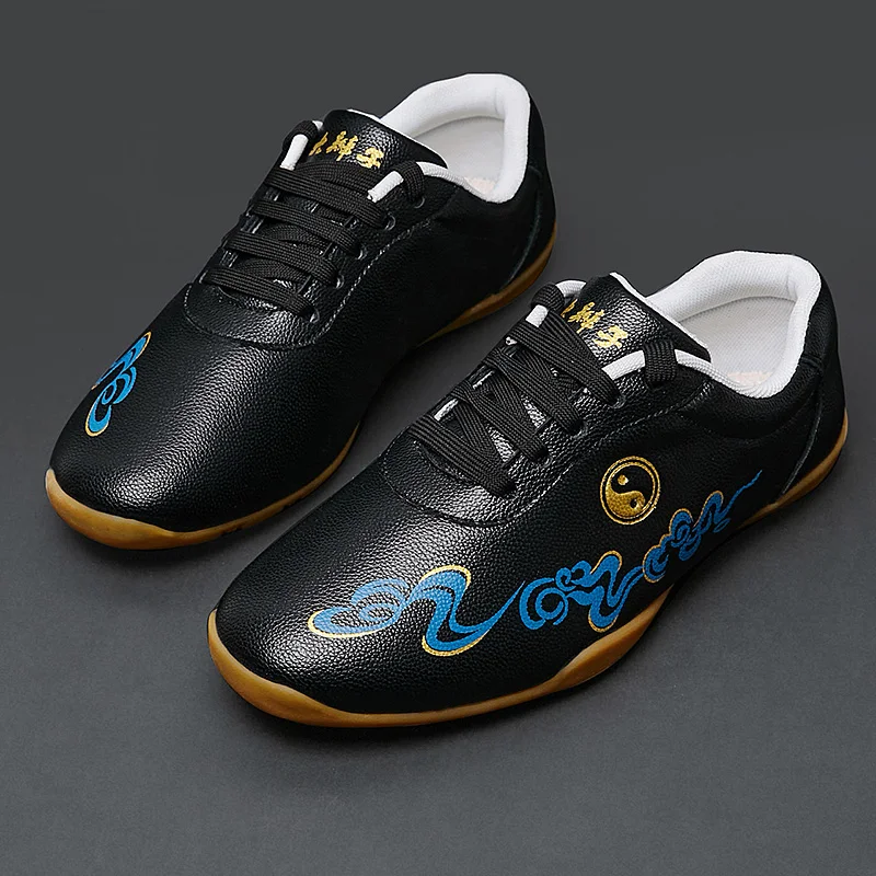 **Premium Unisex Martial Arts Training Shoes - Genuine Leather Anti-Slip Breathable Sneakers Black TPR Outsole**