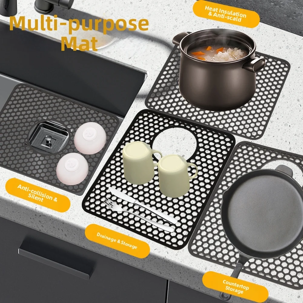 Non-Slip Silicone Sink Mat with For honeycomb Texture for Dish Drying and Drainage Support in Residential Kitchen Sinks