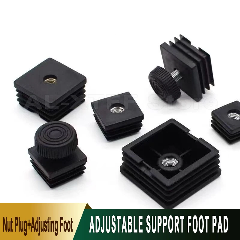 1Pcs M8 Adjustable Foot Square Round Black Plastic Tube Plug Dust Cover for Furniture Tables and Chairs Sliding Leveling Foot