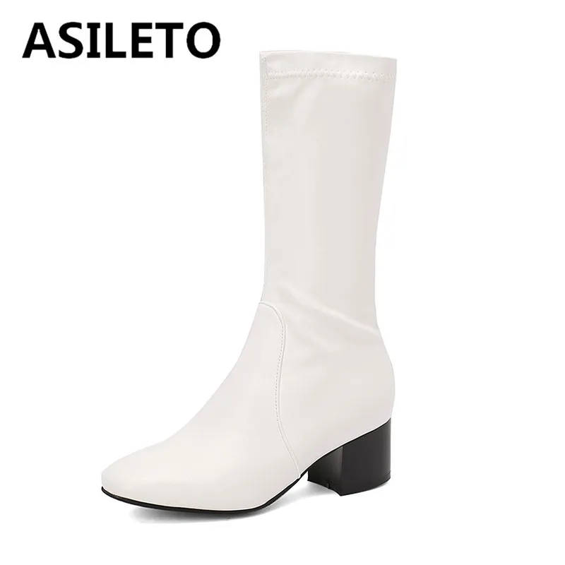 ASILETO Luxury Women Stretch Boots Round Toe Chunky Heels 5cm Zipper Large Size 46 47 48 Sexy Dating Female Mid Calf Booties